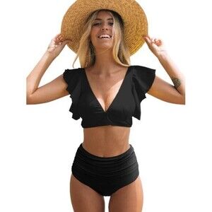 Women's Black Ruffle High Waist V-Neck Bikini Swimsuit Size Large NWT #1394